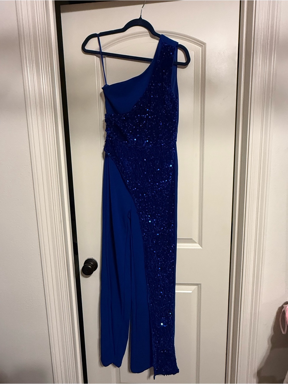One-Shoulder Sapphire Sequin Evening Dress